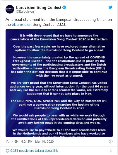 Евровидение-2020 официально отменили