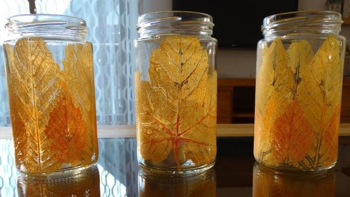 Декор обыкновенных стеклянных банок с помощью осенних листьев