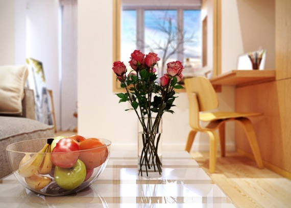 квартира,маленькая,светла,стильная,интерьер,красивая квартира фото,цветы,ваза с фруктами