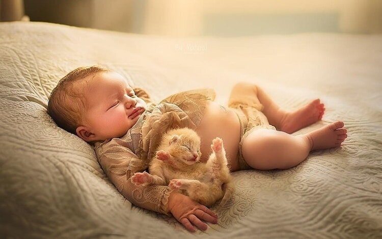 Трогательные фотографии младенцев с маленькими зверюшками