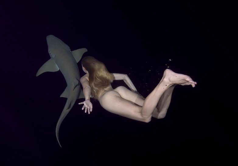 Обнаженная модель купается с акулами
